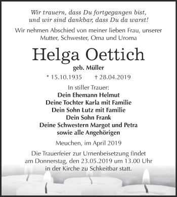 Traueranzeige von Helga Oettich von Super Sonntag Merseburg