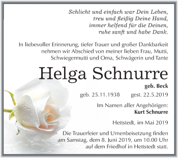 Traueranzeige von Helga Schnurre von Mitteldeutsche Zeitung Mansfelder Land