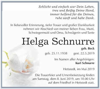 Traueranzeige von Helga Schnurre von Wochenspiegel Mansfelder Land