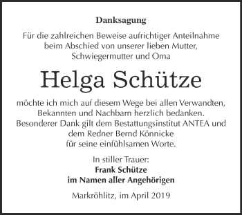 Traueranzeige von Helga Schütze von WVG - Wochenspiegel NMB / WSF / ZTZ