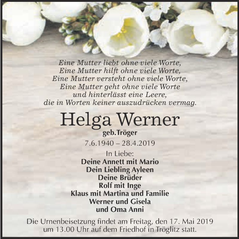  Traueranzeige für Helga Werner vom 04.05.2019 aus WVG - Wochenspiegel NMB / WSF / ZTZ