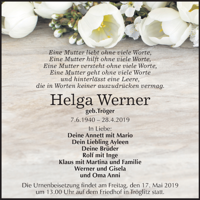  Traueranzeige für Helga Werner vom 04.05.2019 aus Mitteldeutsche Zeitung Zeitz