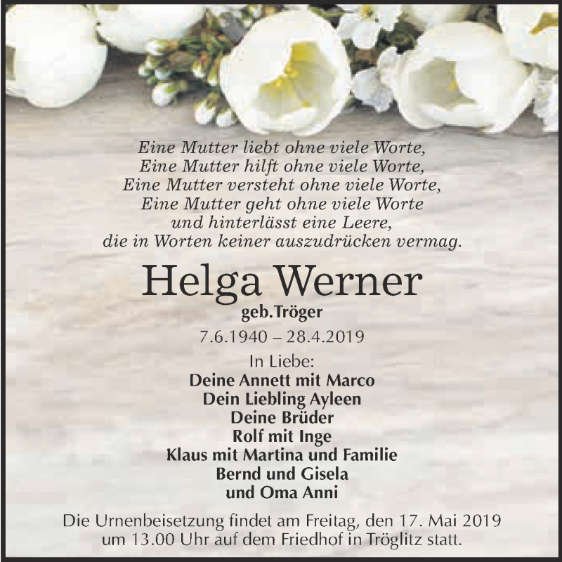  Traueranzeige für Helga Werner vom 06.05.2019 aus WVG - Wochenspiegel NMB / WSF / ZTZ