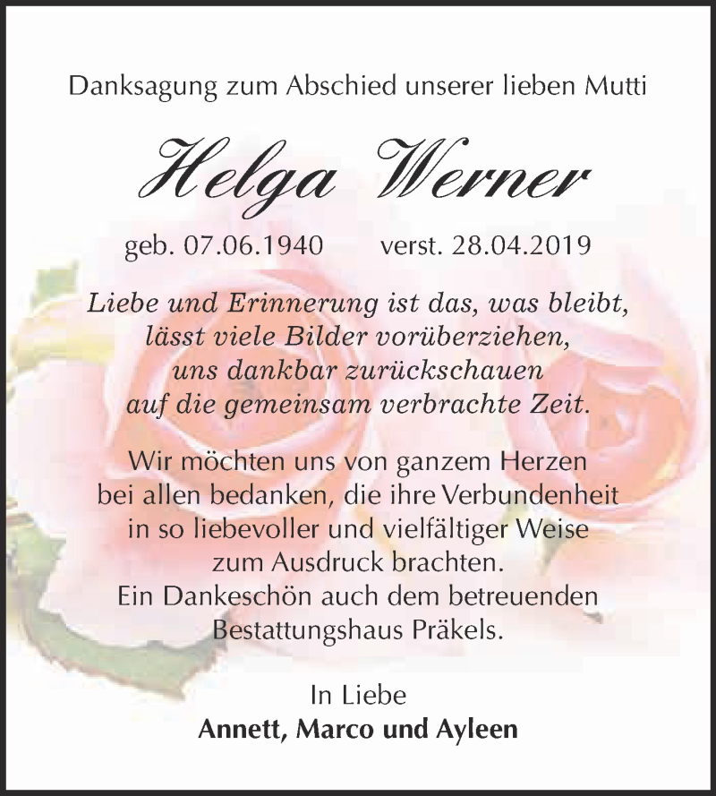  Traueranzeige für Helga Werner vom 25.05.2019 aus WVG - Wochenspiegel NMB / WSF / ZTZ