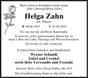 Traueranzeige von Helga Zahn von Mitteldeutsche Zeitung Dessau-Roßlau
