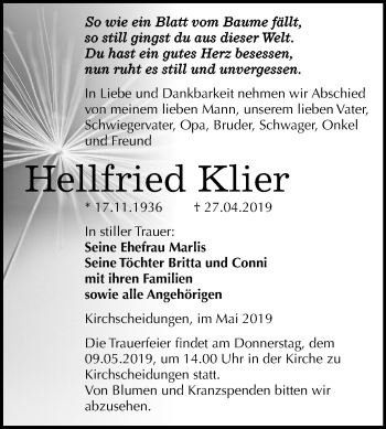 Traueranzeige von Hellfried Klier von Mitteldeutsche Zeitung