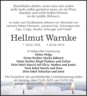Traueranzeige von Hellmut Warnke von WVG - Wochenspiegel Quedlinburg