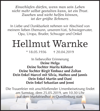 Traueranzeige von Hellmut Warnke von Mitteldeutsche Zeitung