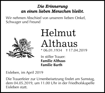 Traueranzeige von Helmut Althaus von Mitteldeutsche Zeitung Mansfelder Land