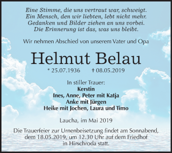 Traueranzeige von Helmut Belau von Mitteldeutsche Zeitung