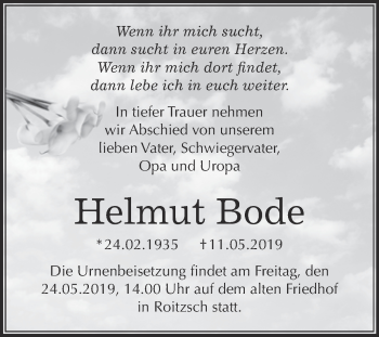 Traueranzeige von Helmut Bode von WVG - Wochenspiegel Bitterfeld