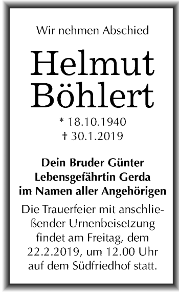 Traueranzeige von Helmut Böhlert von Mitteldeutsche Zeitung Halle/Saalkreis