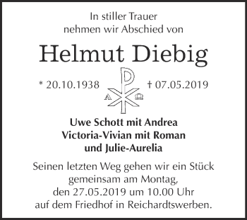 Traueranzeige von Helmut Diebig von WVG - Wochenspiegel NMB / WSF / ZTZ