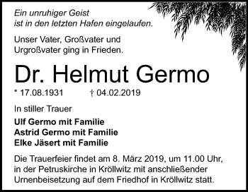 Traueranzeige von Helmut Germo von Mitteldeutsche Zeitung Halle/Saalkreis