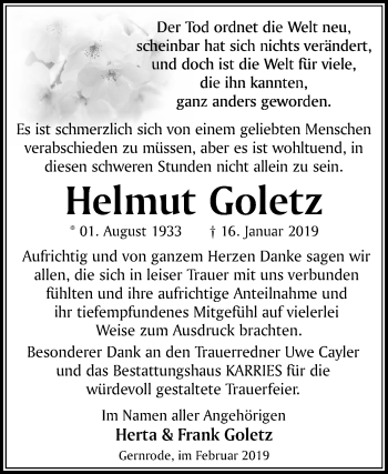 Traueranzeige von Helmut Goletz von Mitteldeutsche Zeitung Quedlinburg