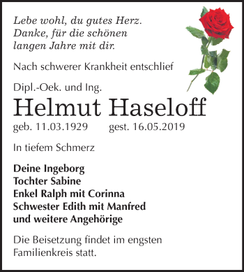 Traueranzeige von Helmut Haseloff von Mitteldeutsche Zeitung
