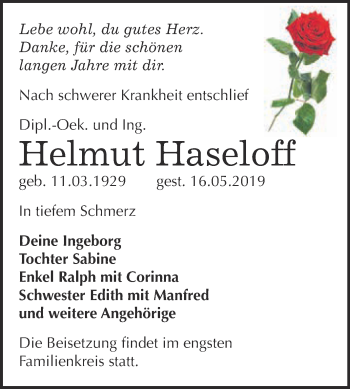 Traueranzeige von Helmut Haseloff von WVG - Wochenspiegel Wittenberg