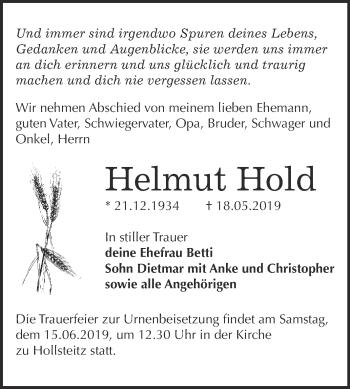 Traueranzeige von Helmut Hold von WVG - Wochenspiegel NMB / WSF / ZTZ
