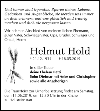 Traueranzeige von Helmut Hold von Mitteldeutsche Zeitung