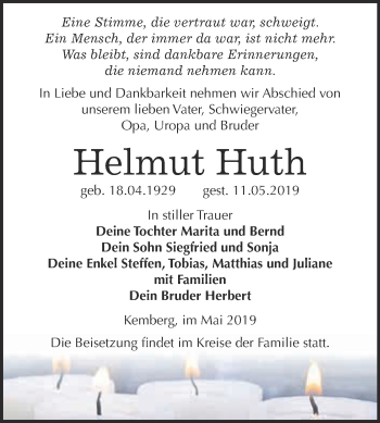 Traueranzeige von Helmut Huth von WVG - Wochenspiegel Bitterfeld