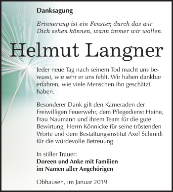 Traueranzeige von Helmut Langner von Mitteldeutsche Zeitung Merseburg/Querfurt