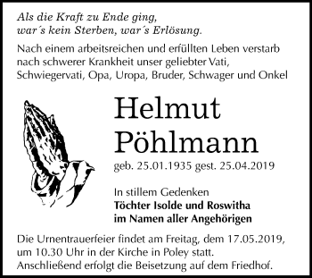 Traueranzeige von Helmut Pöhlmann von Mitteldeutsche Zeitung Bernburg