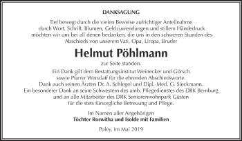 Traueranzeige von Helmut Pöhlmann von Super Sonntag Bernburg