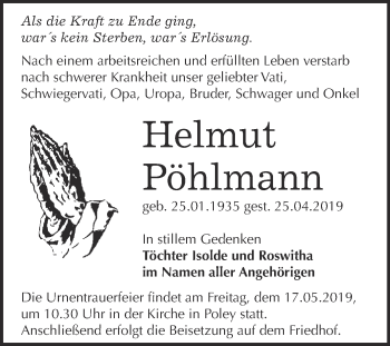 Traueranzeige von Helmut Pöhlmann von Super Sonntag Bernburg