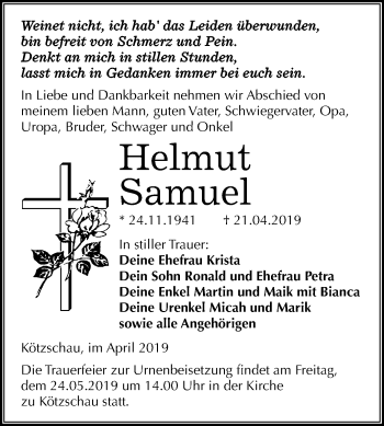 Traueranzeige von Helmut Samuel von Mitteldeutsche Zeitung Merseburg/Querfurt