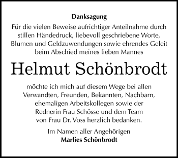Traueranzeige von Helmut Schönbrodt von Mitteldeutsche Zeitung Sangerhausen