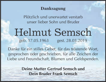 Traueranzeige von Helmut Semsch von Super Sonntag Wittenberg