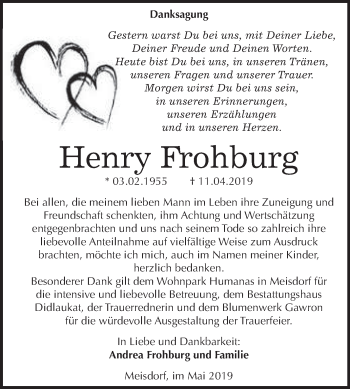Traueranzeige von Henry Frohburg von WVG - Wochenspiegel Quedlinburg