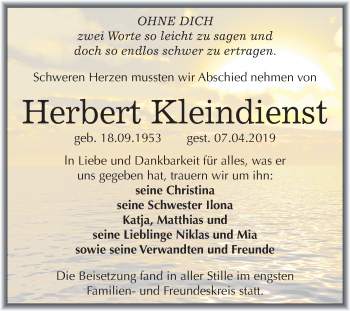 Traueranzeige von Herbert Kleindienst von Mitteldeutsche Zeitung