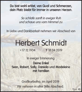 Traueranzeige von Herbert Schmidt von WVG - Wochenspiegel NMB / WSF / ZTZ