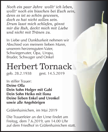 Traueranzeige von Herbert Tornack von WVG - Wochenspiegel Wittenberg