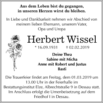 Traueranzeige von Herbert Wissel von Mitteldeutsche Zeitung Dessau-Roßlau