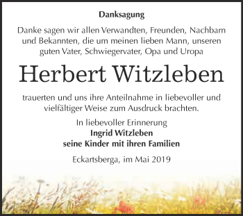 Traueranzeige von Herbert Witzleben von WVG - Wochenspiegel NMB / WSF / ZTZ