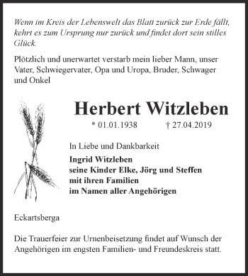Traueranzeige von Herbert Witzleben von WVG - Wochenspiegel NMB / WSF / ZTZ