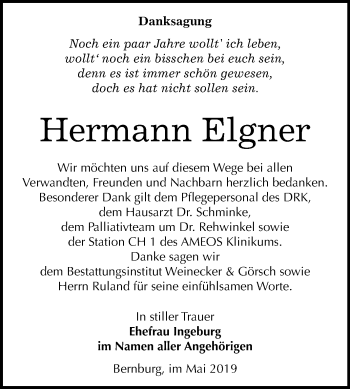 Traueranzeige von Hermann Elgner von Mitteldeutsche Zeitung