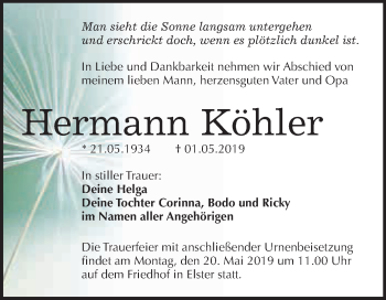 Traueranzeige von Hermann Köhler von WVG - Wochenspiegel Wittenberg