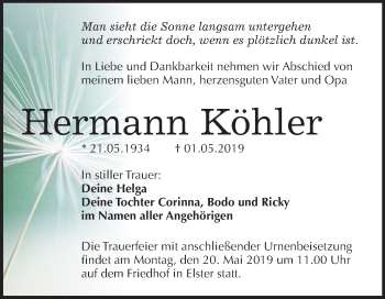 Traueranzeige von Hermann Köhler von Mitteldeutsche Zeitung