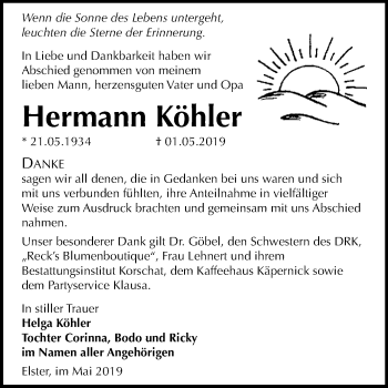 Traueranzeige von Hermann Köhler von WVG - Wochenspiegel Wittenberg