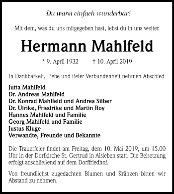 Traueranzeige von Hermann Mahlfeld von Mitteldeutsche Zeitung Bernburg