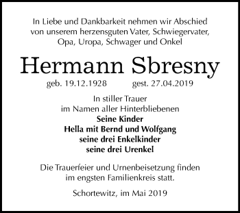 Traueranzeige von Hermann Sbresny von Mitteldeutsche Zeitung Köthen