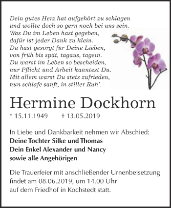 Traueranzeige von Hermine Dockhorn von WVG - Wochenspiegel Dessau / Köthen