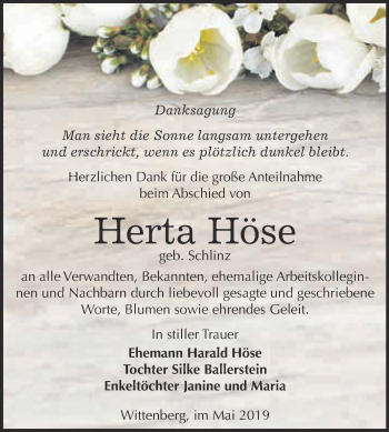 Traueranzeige von Herta Höse von WVG - Wochenspiegel Wittenberg