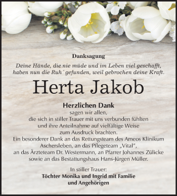 Traueranzeige von Herta Jakob von Mitteldeutsche Zeitung Aschersleben