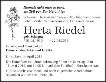 Traueranzeige von Herta Riedel von Super Sonntag SGH Mansf. Land