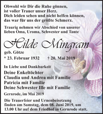 Traueranzeige von Hilde Mingram von WVG - Wochenspiegel Quedlinburg