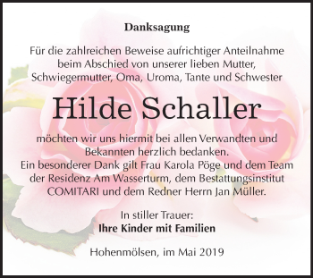 Traueranzeige von Hilde Schaller von Mitteldeutsche Zeitung Weißenfels